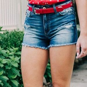KanCan High Rise Frayed‎ Stretch Jean Shorts Dark Wash S